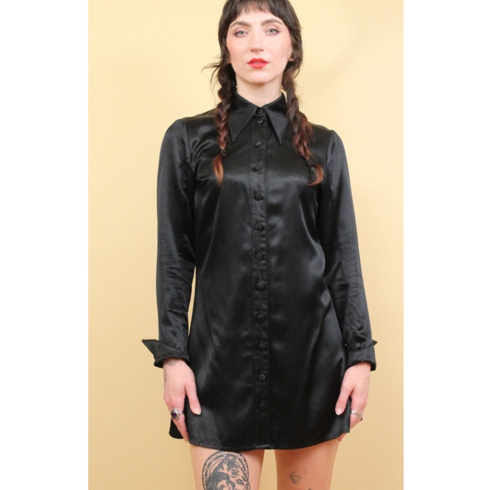90s vintage betsey johnson black satin dagger collar & sleeve mini dress